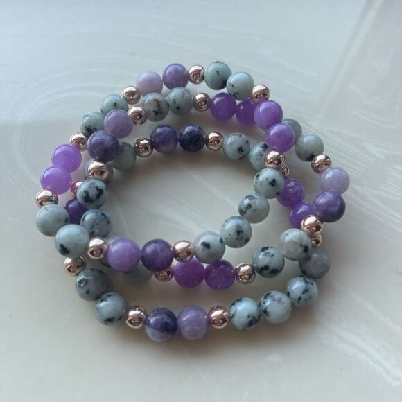 Lepidolite kiwi jasper rose gold tone ONE NEW stretch bracelet crystal stone med - Picture 4 of 10